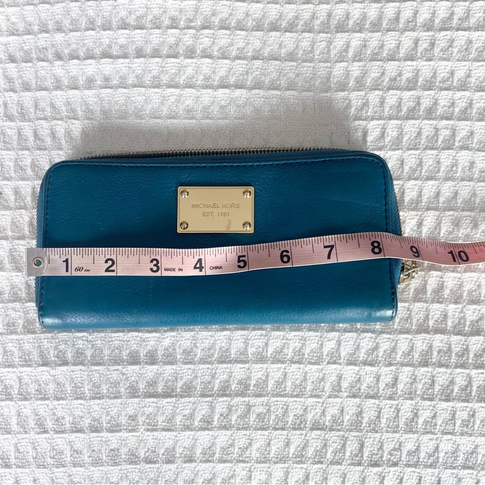 Michael Kors Teal Zip-Around Leather Wallet with Gold Plaque - Picture 7 of 8